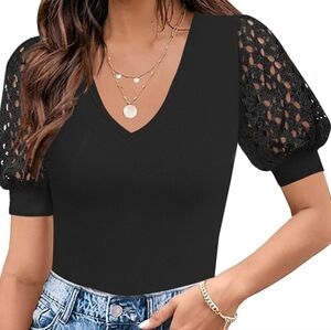 Women's  V Neck Lace Puff Short Sleeve TShirts Bodysuit Stretchy  NWOT Size L